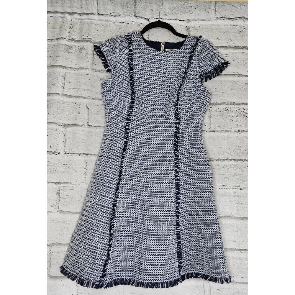 Eliza J Dress Women's 4P Navy Blue White Tweed Fit And Flare Short-Sleeve